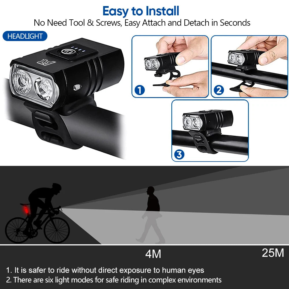 Cycling Essentials | LED Bicycle Light with Type-C Rechargeable Battery | 6 Lighting Modes for Enhanced Safety