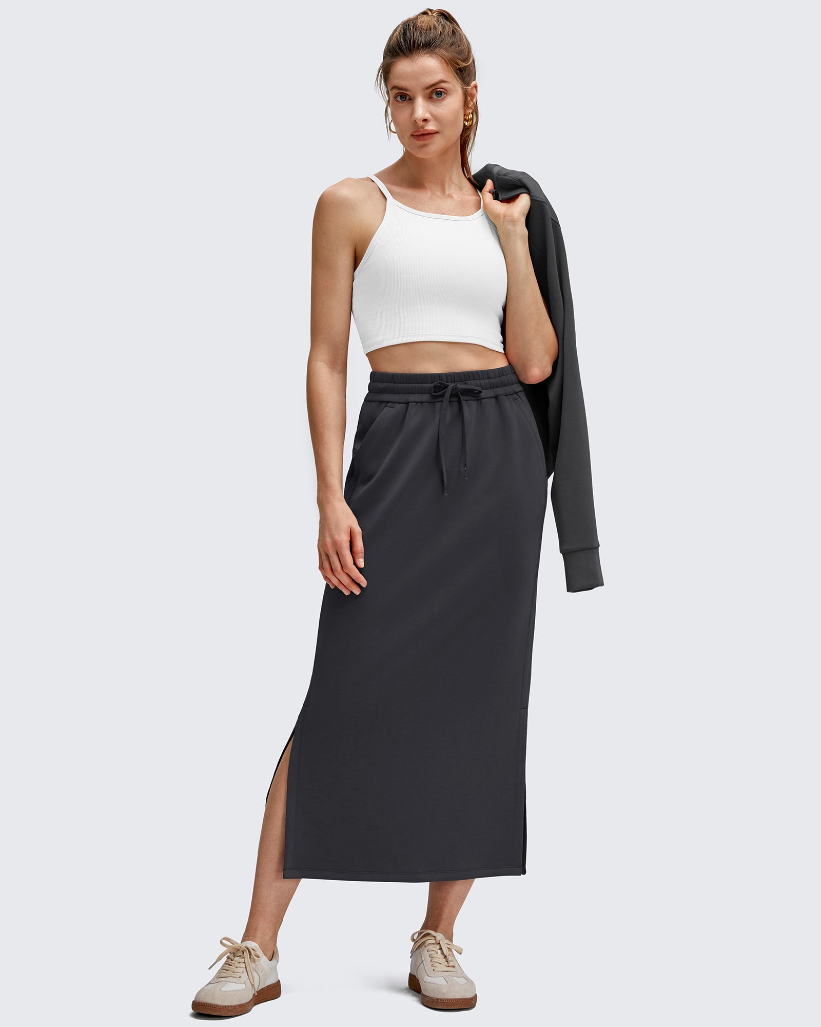 Effortless Elegance | Long Black Skirt with Side Slits & Drawstring Waist | Casual Versatility for All-Day Comfort