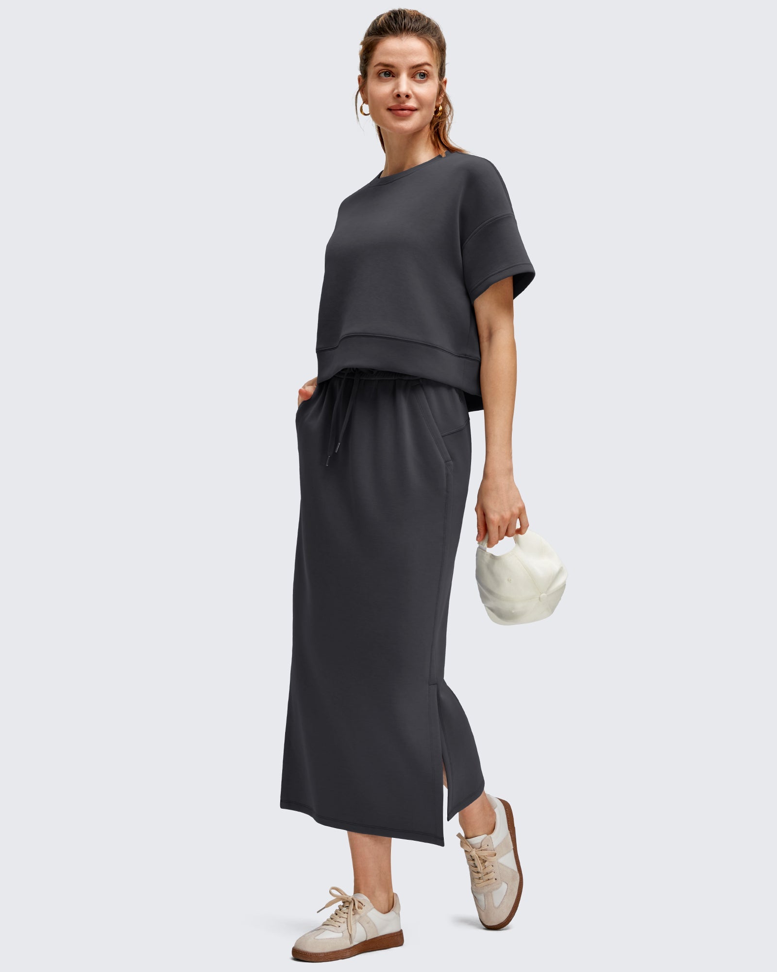 Effortless Elegance | Long Black Skirt with Side Slits & Drawstring Waist | Casual Versatility for All-Day Comfort