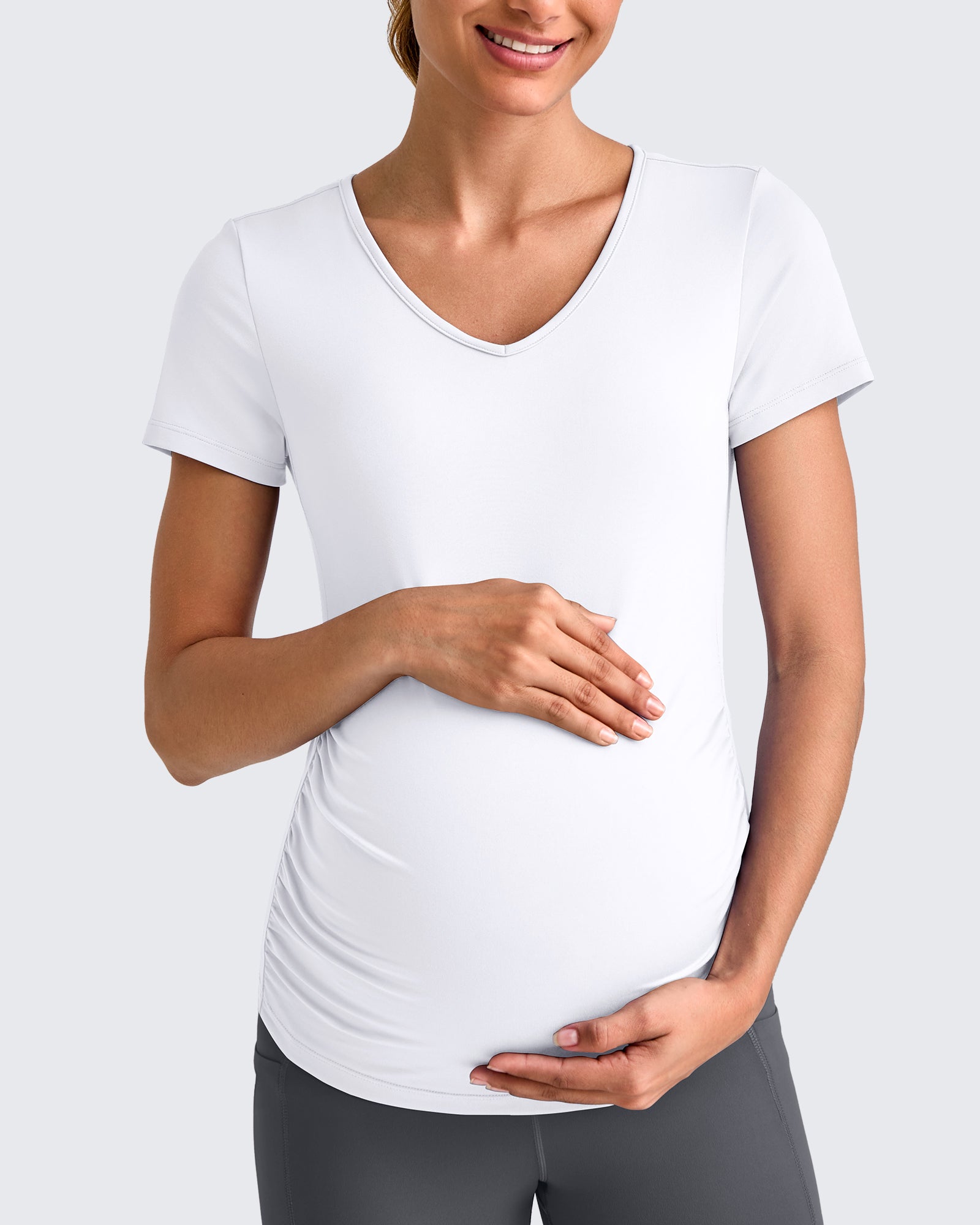 Maternity Tee Shirts | Lightweight V-Neck with Side Ruching | Comfortable Fit for Layering During Pregnancy